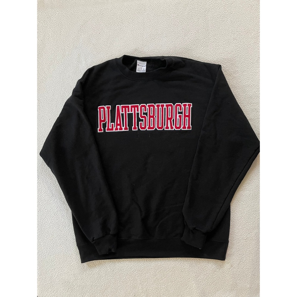 Champion Mens Large Sweatshirt Black Plattsburgh Embroidered Crewneck CS1220